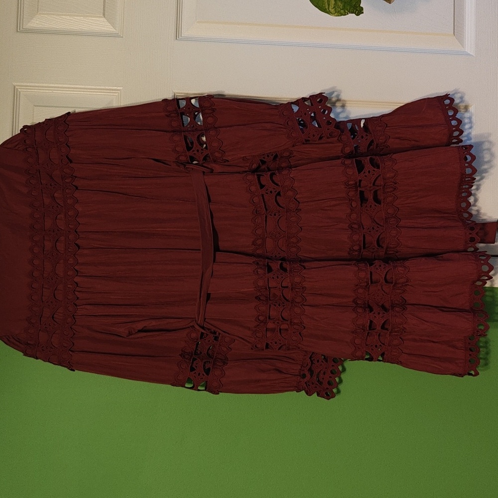 Burgundy Long Sleeve Crochet Trim Dress - Picture 8 of 15